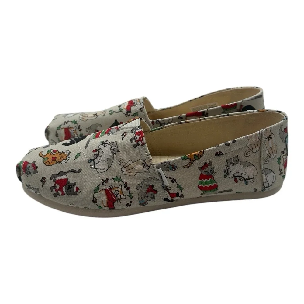 Toms Belmont Christmas Cats Shoes Womens 7.5 Gray Holiday‎ Slip On Shoes
